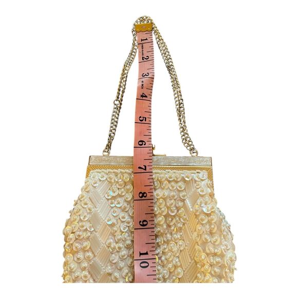 Vintage ivory sequined beaded evening bag gold kisslock chain strap glam retro - Picture 13 of 13
